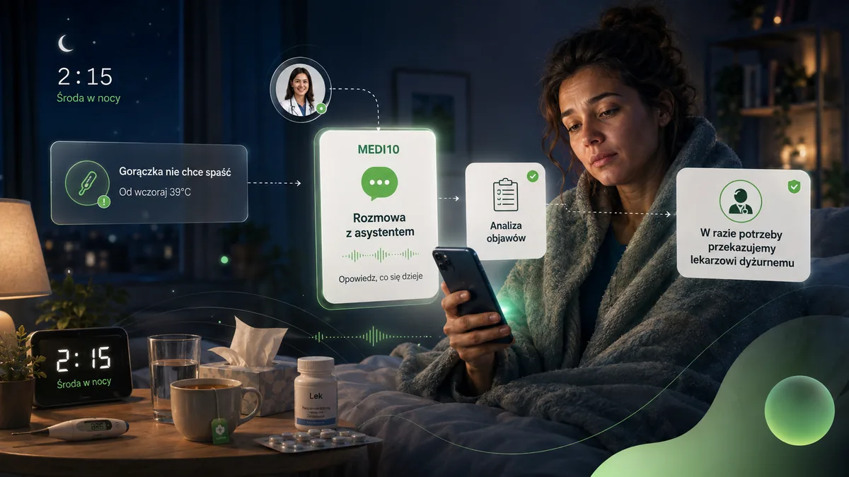 Kobieta nocą z telefonem rozmawia z asystentem MEDI10 o gorączce
